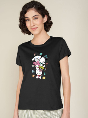 Blingmore Printed, Cartoon Women Round Neck Black T-Shirt