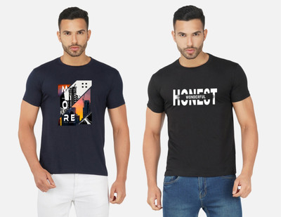 GLOBAL NOMAD Printed Men Round Neck Navy Blue, Black T-Shirt