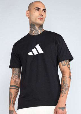 ADIDAS Striped Men Crew Neck Black T-Shirt