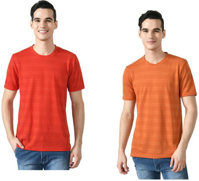 Kavvya Striped Men Round Neck Red, Orange T-Shirt