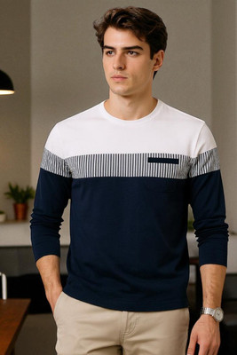 Autna Colorblock Men Round Neck Navy Blue T-Shirt