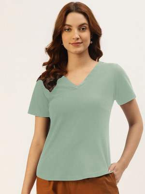 BRINNS Solid Women V Neck Green T-Shirt
