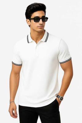 ARETRA Solid Men Polo Neck Black T-Shirt