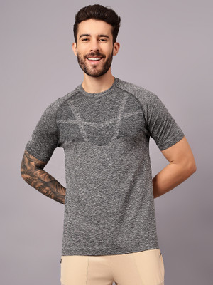 Trenz Sporty, Self Design Men Round Neck Grey T-Shirt