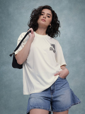 Roadster Printed Women Round Neck White T-Shirt