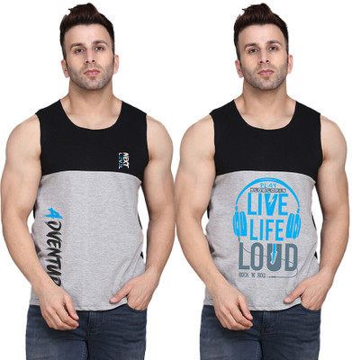 SLOWLORIS Printed Men Round Neck Black, Grey T-Shirt