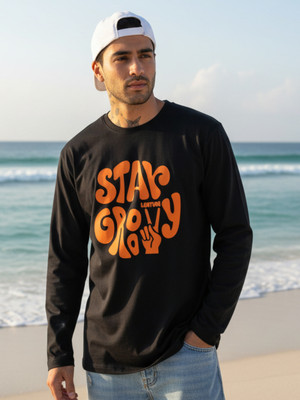 JUST ROAR Printed Men Round Neck Black T-Shirt