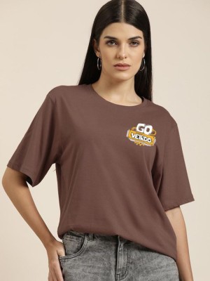 Veirdo Printed Women Round Neck Brown T-Shirt