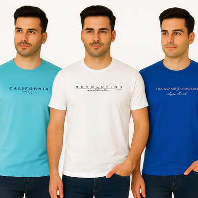 WHITE ROSE Printed Men Round Neck White, Brown, Light Blue T-Shirt