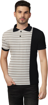 tfurnish Striped Men Polo Neck Grey T-Shirt