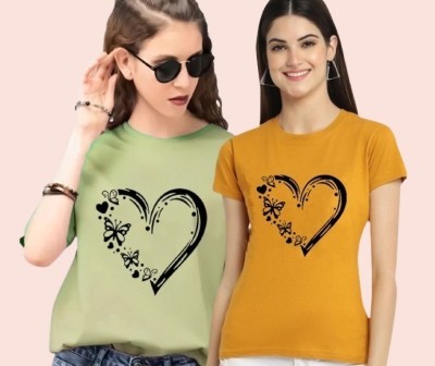 Parona Printed Women Round Neck Green, Yellow T-Shirt