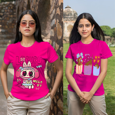 Kasendra Printed Women Round Neck Pink T-Shirt