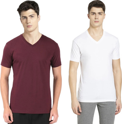 JOCKEY Solid Men V Neck White, Maroon T-Shirt