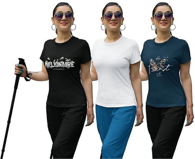 Carbonyte Printed Women Round Neck Navy Blue, White, Black T-Shirt