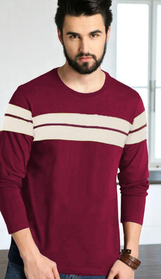 Autna Striped Men Round Neck Maroon T-Shirt