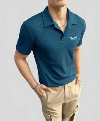 EyeBogler Printed Men Zip Neck Blue T-Shirt