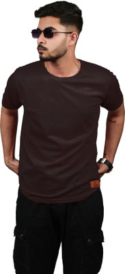 Sukshna Solid Men Round Neck Brown T-Shirt