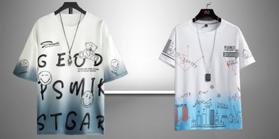 OOKTAS Printed Men Round Neck White, Light Blue, Black T-Shirt