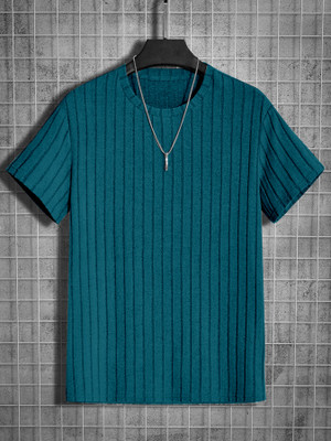 KAJARU Striped Men Round Neck Dark Green T-Shirt