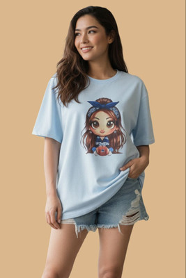HASTEE FASHION Graphic Print Women Round Neck Reversible Light Blue T-Shirt