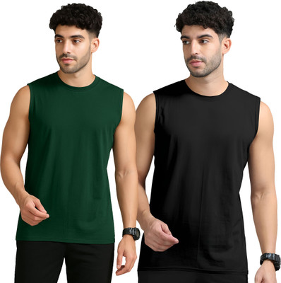 JB Jangoboy Solid Men Round Neck Dark Green, Black T-Shirt