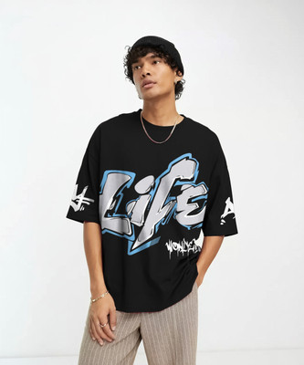 Jump Cuts Printed, Typography Men Round Neck Black, Grey T-Shirt