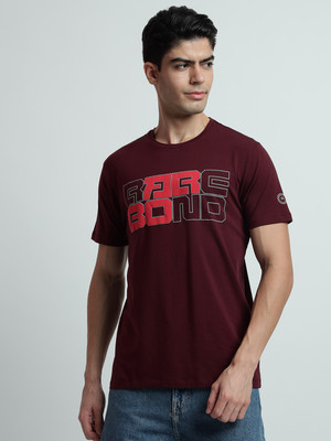 Rare Bond Stuidos Printed Men Crew Neck Maroon, Black T-Shirt