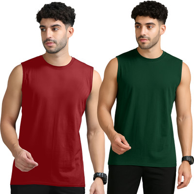 Jangoboy Solid Men Round Neck Maroon, Dark Green T-Shirt
