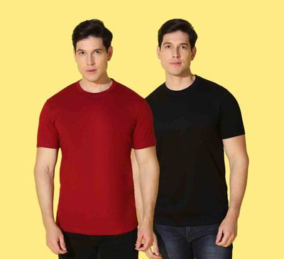 WOOSTRO Printed Men Round Neck Black, Maroon T-Shirt