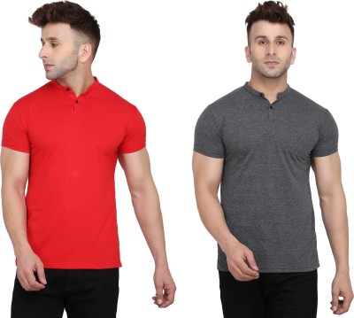 Lawful Casual Solid Men Mandarin Collar Red, Grey T-Shirt