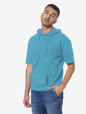 Eddicted Solid Men Hooded Neck Blue T-Shirt