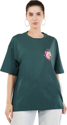 EVERLY Printed Women Round Neck Green T-Shirt