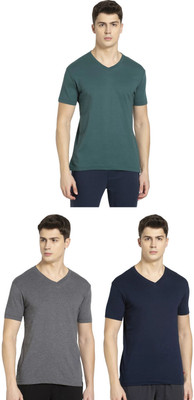 JOCKEY Solid Men V Neck Grey, Dark Blue, Green T-Shirt