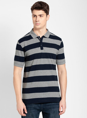 JOCKEY Striped Men Polo Neck Grey, Black T-Shirt