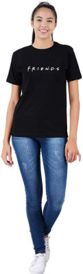joy&happiness Printed Women Round Neck Black T-Shirt