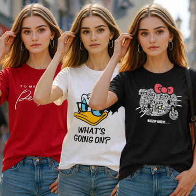 Fabflee Printed Women Round Neck Multicolor T-Shirt