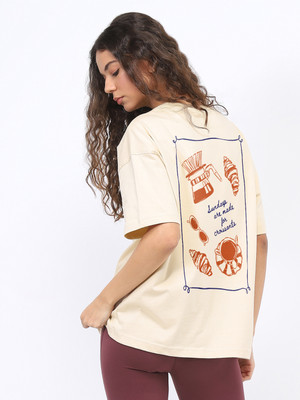 NOBERO Graphic Print Women Round Neck Beige T-Shirt