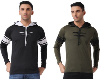 XECTUS Solid Men Hooded Neck Green, Black T-Shirt