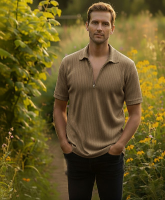 DSV Self Design Men Zip Neck Beige T-Shirt