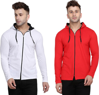 GEUM Solid Men Hooded Neck Red, White T-Shirt