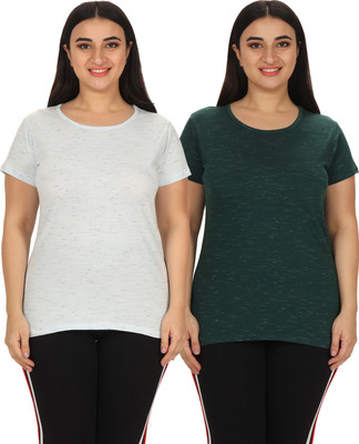 YUALIN CREATION Striped Women Round Neck White, Green T-Shirt