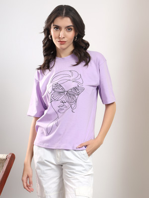 KOTTY Printed Women Round Neck Purple T-Shirt