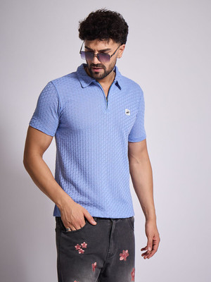 Fugazee Lifestyle Self Design Men Polo Neck Blue T-Shirt