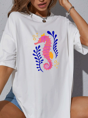 SLENOR Printed Women Round Neck White T-Shirt