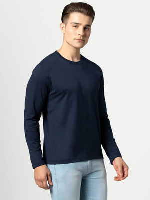 Organic Chics Solid Men Round Neck Navy Blue T-Shirt