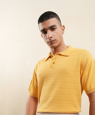 HIGHLANDER Printed Men Polo Neck Yellow T-Shirt