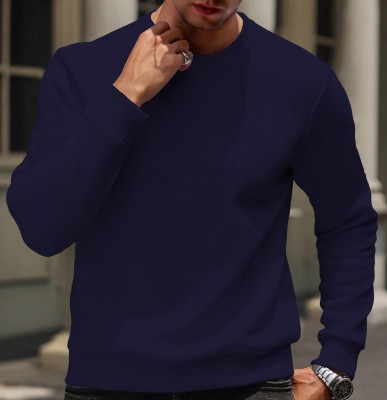 KAJARU Solid Men Round Neck Navy Blue T-Shirt