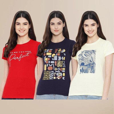 METRONAUT Printed Women Round Neck Red, Navy Blue, Yellow T-Shirt