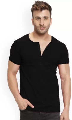 Leotude Solid Men Henley Neck Black T-Shirt