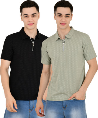 KEOTI Self Design Men Polo Neck Black, Grey T-Shirt